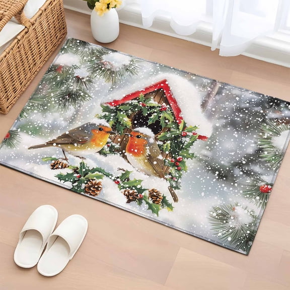 2x3 Ft Entryway Area Rug, Christmas Kitchen Rug Runner Washable Floor Mat, Xmas Snowflake Birds Farmhouse Pine Cones Non Slip Indoor Door Mat Throw Carpet for Bathroom Living Room Bedroom