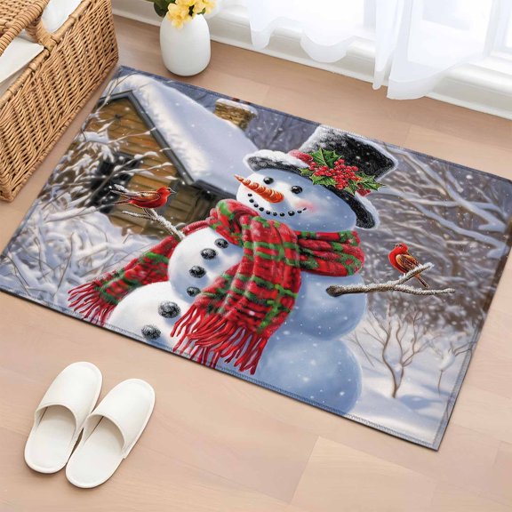 2x3 Ft Entryway Area Rug, Christmas Kitchen Rug Runner Washable Floor Mat, Xmas Snowman Winter Snowflake Berry Birds Non Slip Indoor Door Mat Throw Carpet for Bathroom Living Room Bedroom