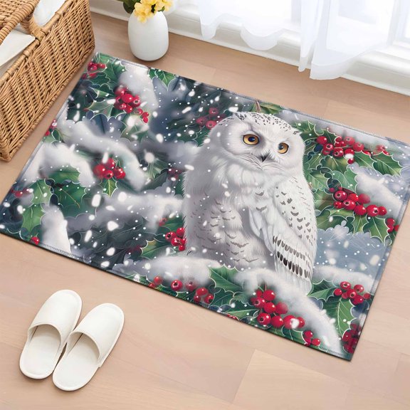 2x3 Ft Entryway Area Rug, Christmas Owl Kitchen Rug Runner Washable Floor Mat, Xmas Berry Botanical Snowflake Non Slip Indoor Door Mat Throw Carpet for Bathroom Living Room Bedroom