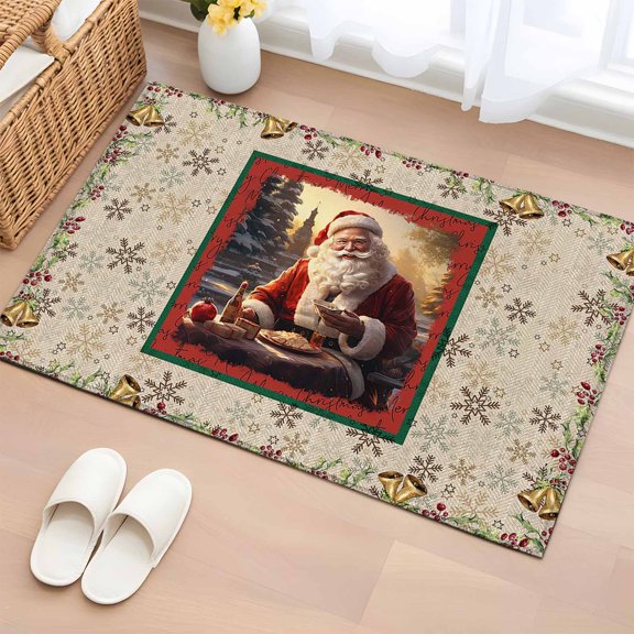2x3 Ft Entryway Area Rug, Christmas Santa Kitchen Rug Runner Washable Floor Mat, Xmas Bells Berry Botanical Farmhouse Non Slip Indoor Door Mat Throw Carpet for Bathroom Living Room Bedroom