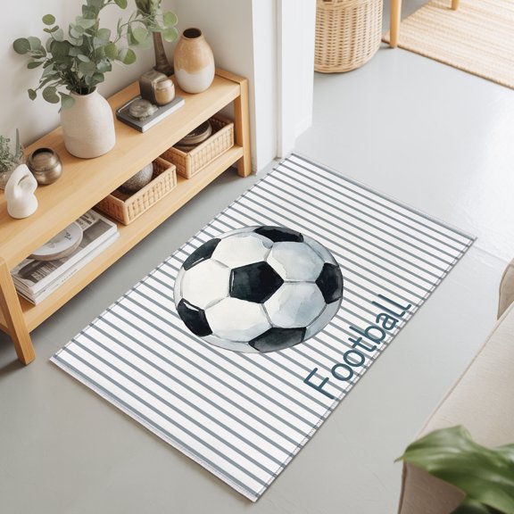 2x3 Ft Entryway Area Rug, Circle Footballs Striped Kitchen Rug Runner Washable Floor Mat, Black White Stripes Geometric Non Slip Indoor Door Mat Throw Carpet for Bathroom Living Room Bedroom