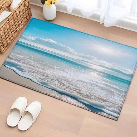 2x3 Ft Entryway Area Rug, Coastal Beach Kitchen Rug Runner Washable Floor Mat, Blue Ocean Sunrise Waves Sand Shore Non Slip Indoor Door Mat Throw Carpet for Bathroom Living Room Bedroom