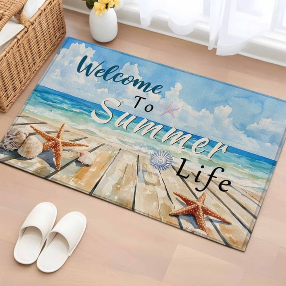 2x3 Ft Entryway Area Rug, Coastal Beach Kitchen Rug Runner Washable Floor Mat, Retro Summer Ocean Wave Starfish Shell Non Slip Indoor Door Mat Throw Carpet for Bathroom Living Room Bedroom
