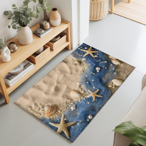 2x3 Ft Entryway Area Rug, Coastal Beach Kitchen Rug Runner Washable Floor Mat, Summer Nautical Blue Fishing Net Conch Non Slip Indoor Door Mat Throw Carpet for Bathroom Living Room Bedroom
