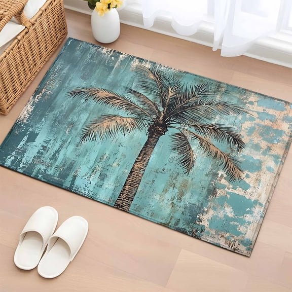 2x3 Ft Entryway Area Rug, Coastal Beach Tree Green Kitchen Rug Runner Washable Floor Mat, Summer Vintage Tropical Plant Non Slip Indoor Door Mat Throw Carpet for Bathroom Living Room Bedroom