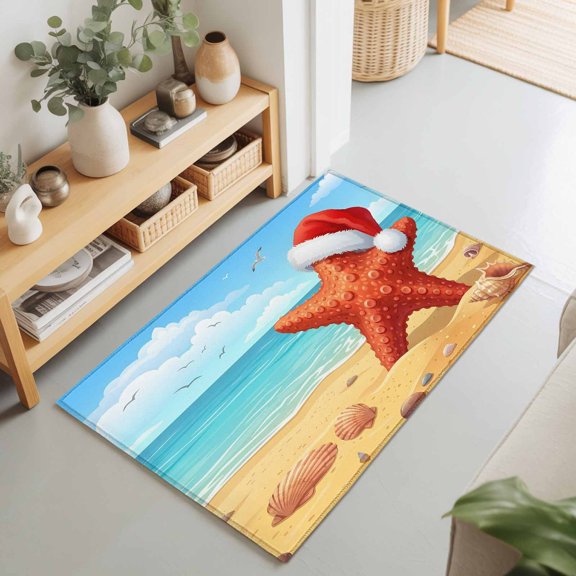 2x3 Ft Entryway Area Rug, Coastal Christmas Kitchen Rug Runner Washable Floor Mat, Winter Beach Ocean Waves Starfish Non Slip Indoor Door Mat Throw Carpet for Bathroom Living Room Bedroom