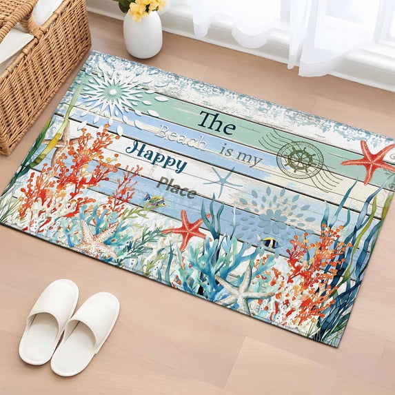 2x3 Ft Entryway Area Rug, Coastal Coral Kitchen Rug Runner Washable Floor Mat, Summer Beach Starfish Teal Blue Woode Non Slip Indoor Door Mat Throw Carpet for Bathroom Living Room Bedroom
