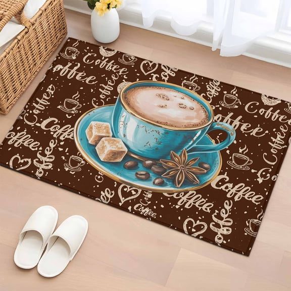 2x3 Ft Entryway Area Rug, Coffee Kitchen Rug Runner Washable Floor Mat, Brown Teal Pastoral Vintage Art Non Slip Indoor Door Mat Throw Carpet for Bathroom Living Room Bedroom