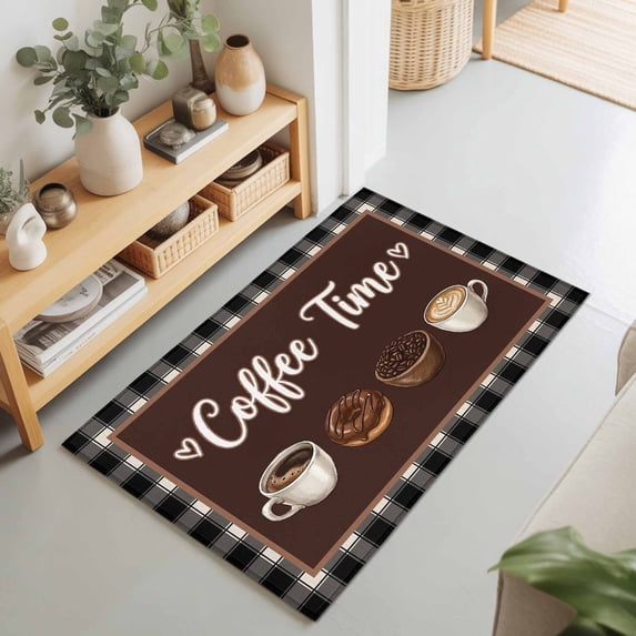 2x3 Ft Entryway Area Rug, Coffee Time Kitchen Rug Runner Washable Floor Mat, Vintage Farmhouse Coffee Beans Black Plaid Non Slip Indoor Door Mat Throw Carpet for Bathroom Living Room Bedroom