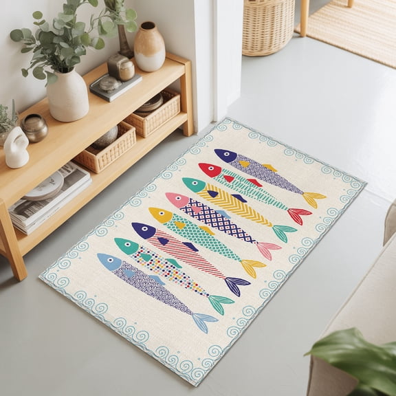 2x3 Ft Entryway Area Rug, Colorful Fish Coastal Kitchen Rug Runner Washable Floor Mat, Nautical Summer Ocean Sea Rustic Non Slip Indoor Door Mat Throw Carpet for Bathroom Living Room Bedroom