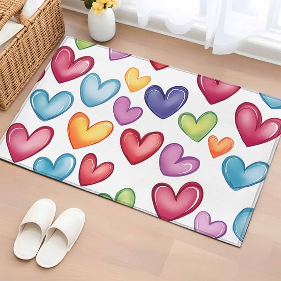 2x3 Ft Entryway Area Rug, Colorful Love Heart Kitchen Rug Runner Washable Floor Mat, Modern Art Blue Yellow Red Non Slip Indoor Door Mat Throw Carpet for Bathroom Living Room Bedroom
