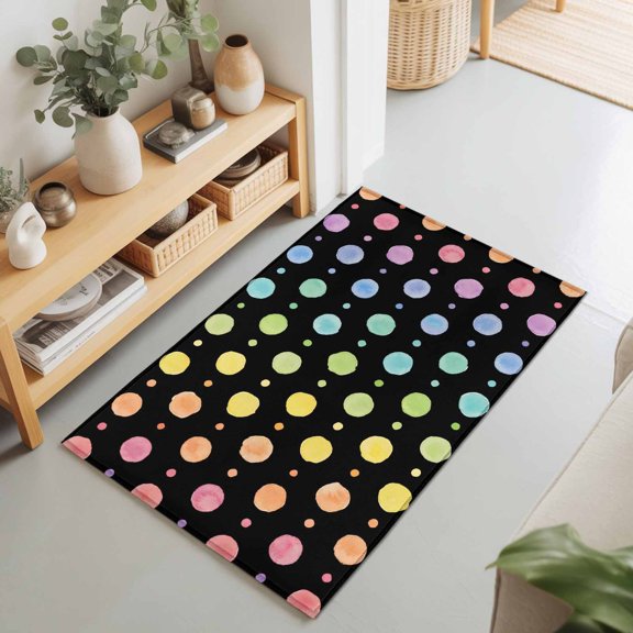 2x3 Ft Entryway Area Rug, Colorful Polka Dot Kitchen Rug Runner Washable Floor Mat, Cartoon Watercolor Geometric Black Non Slip Indoor Door Mat Throw Carpet for Bathroom Living Room Bedroom