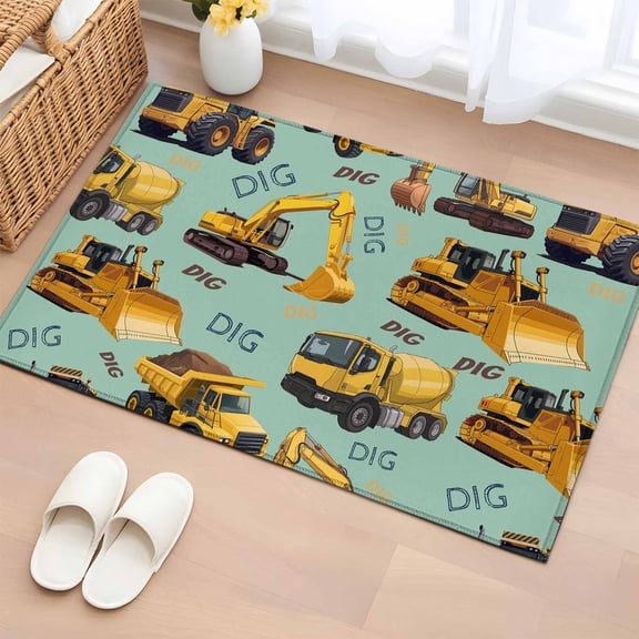 2x3 Ft Entryway Area Rug, Construction Truck Kitchen Rug Runner Washable Floor Mat, Cartoon Grips and Bulldozers Green Non Slip Indoor Door Mat Throw Carpet for Bathroom Living Room Bedroom