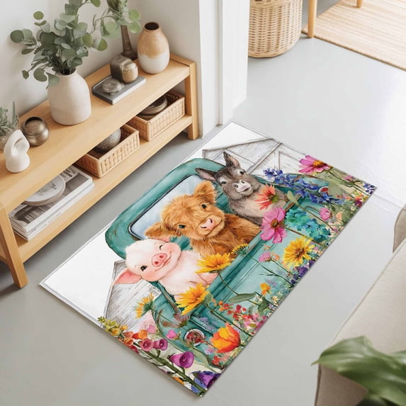 2x3 Ft Entryway Area Rug, Country Farm Kitchen Rug Runner Washable Floor Mat, Farmhouse Pig Cow Horse Truck Flowers Barn Non Slip Indoor Door Mat Throw Carpet for Bathroom Living Room Bedroom