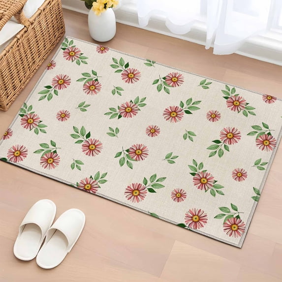 2x3 Ft Entryway Area Rug, Country Flower Kitchen Rug Runner Washable Floor Mat, Pink Daisy Floral Retro Plant Leaf Non Slip Indoor Door Mat Throw Carpet for Bathroom Living Room Bedroom