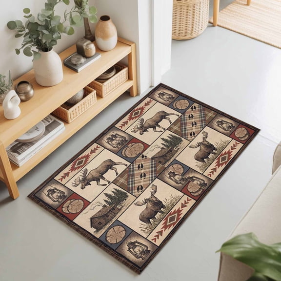 2x3 Ft Entryway Area Rug, Country Reindeer Kitchen Rug Runner Washable Floor Mat, Tribal Ethnic Aztec Plaid Farm Cabin Non Slip Indoor Door Mat Throw Carpet for Bathroom Living Room Bedroom