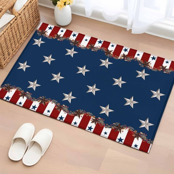 2x3 Ft Entryway Area Rug, Country Star Farm Kitchen Rug Runner Washable Floor Mat, Red Blue Patriots Stripe American Flag Non Slip Indoor Door Mat Throw Carpet for Bathroom Living Room Bedroom
