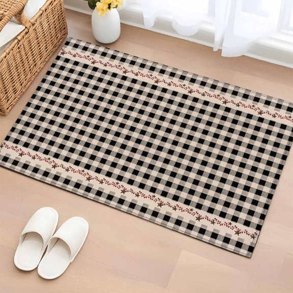 2x3 Ft Entryway Area Rug, Country Star Plaid Kitchen Rug Runner Washable Floor Mat, Black Retro American Farm Barn Berry Non Slip Indoor Door Mat Throw Carpet for Bathroom Living Room Bedroom