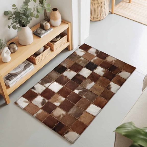 2x3 Ft Entryway Area Rug, Cow Fur Print Kitchen Rug Runner Washable Floor Mat, Farmhouse Patchwork Western Cowhide Brown Non Slip Indoor Door Mat Throw Carpet for Bathroom Living Room Bedroom
