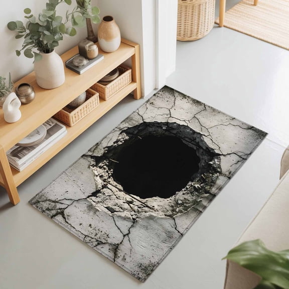 2x3 Ft Entryway Area Rug, Cracked Wall Kitchen Rug Runner Washable Floor Mat, Dark Hole Concrete Urban Industrial 3D Non Slip Indoor Door Mat Throw Carpet for Bathroom Living Room Bedroom