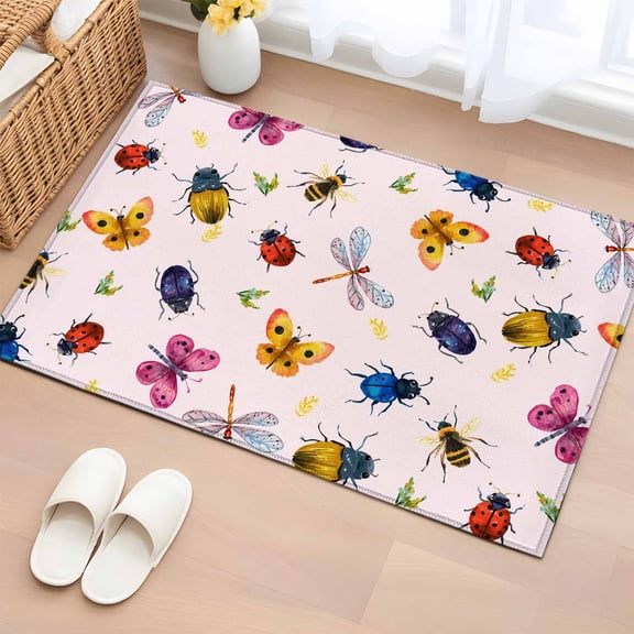 2x3 Ft Entryway Area Rug, Cute Butterfly Dragonfly Kitchen Rug Runner Washable Floor Mat, Farmhouse Botanical Floral Pink Non Slip Indoor Door Mat Throw Carpet for Bathroom Living Room Bedroom