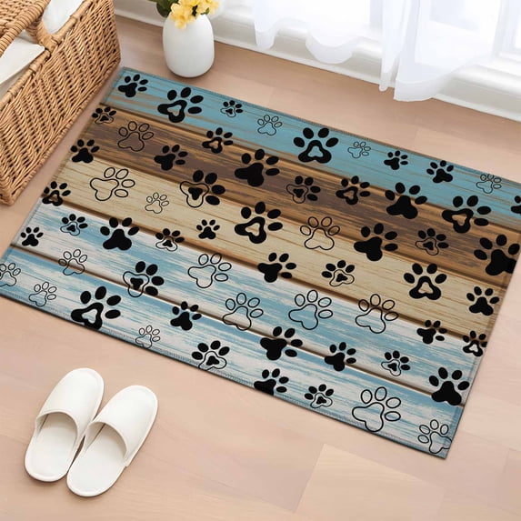 2x3 Ft Entryway Area Rug, Cute Dog Claws Kitchen Rug Runner Washable Floor Mat, Farmhouse Blue Wooden Puppy Pawprints Non Slip Indoor Door Mat Throw Carpet for Bathroom Living Room Bedroom