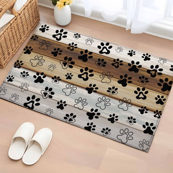 2x3 Ft Entryway Area Rug, Cute Dog Claws Kitchen Rug Runner Washable Floor Mat, Farmhouse Brown Grey Wooden Puppy Pawprints Non Slip Indoor Door Mat Throw Carpet for Bathroom Living Room Bedroom