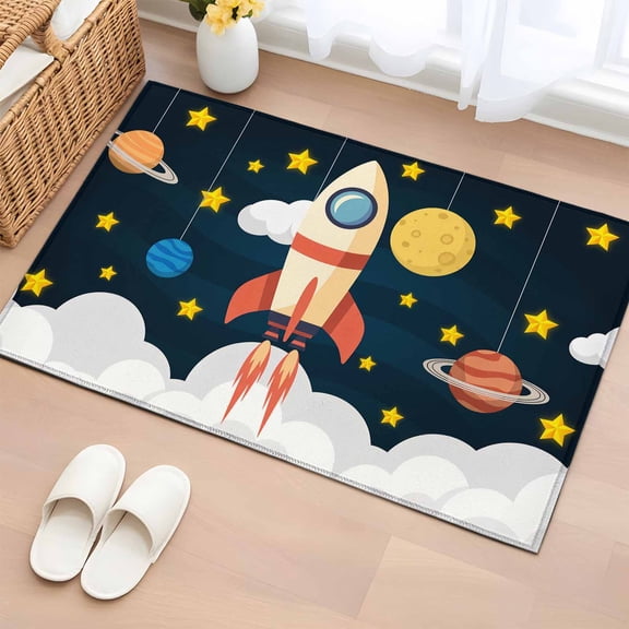 2x3 Ft Entryway Area Rug, Cute Rocket Kitchen Rug Runner Washable Floor Mat, Space Star Cartoon Moon Non Slip Indoor Door Mat Throw Carpet for Bathroom Living Room Bedroom