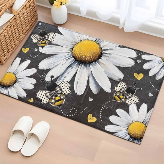 2x3 Ft Entryway Area Rug, Daisy Bee Kitchen Rug Runner Washable Floor Mat, Summer Botanical Farmhouse Flower Plants Non Slip Indoor Door Mat Throw Carpet for Bathroom Living Room Bedroom