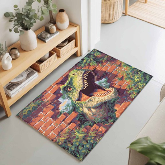 2x3 Ft Entryway Area Rug, Dinosaur Brick Wall Kitchen Rug Runner Washable Floor Mat, Urban Street-art Animal Red Green Non Slip Indoor Door Mat Throw Carpet for Bathroom Living Room Bedroom