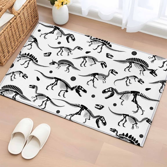 2x3 Ft Entryway Area Rug, Dinosaur Fossils Kitchen Rug Runner Washable Floor Mat, White Black Ancient Animals Non Slip Indoor Door Mat Throw Carpet for Bathroom Living Room Bedroom