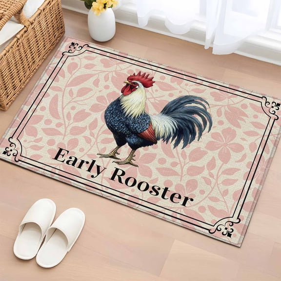 2x3 Ft Entryway Area Rug, Early Rooster Kitchen Rug Runner Washable Floor Mat, Pink Spring Farmhouse Leaves Burlap Non Slip Indoor Door Mat Throw Carpet for Bathroom Living Room Bedroom