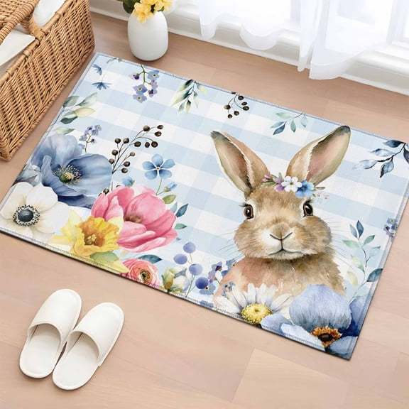 2x3 Ft Entryway Area Rug, Easter Bunny Kitchen Rug Runner Washable Floor Mat, Spring Watercolor Flower Blue Plaid Non Slip Indoor Door Mat Throw Carpet for Bathroom Living Room Bedroom