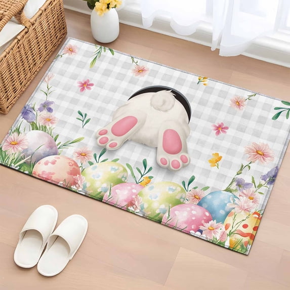 2x3 Ft Entryway Area Rug, Easter Kitchen Rug Runner Washable Floor Mat, Spring Rabbit Feet Eggs Botanical Floral Grey Plaid Non Slip Indoor Door Mat Throw Carpet for Bathroom Living Room Bedroom