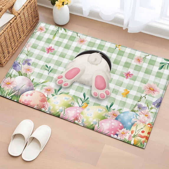 2x3 Ft Entryway Area Rug, Easter Kitchen Rug Runner Washable Floor Mat, Spring Rabbit Feet Wildflowers Eggs Green Lattice Non Slip Indoor Door Mat Throw Carpet for Bathroom Living Room Bedroom