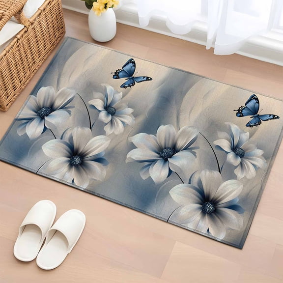2x3 Ft Entryway Area Rug, Elegant Floral Kitchen Rug Runner Washable Floor Mat, Modern Blue Butterfly Flowers Burlap Non Slip Indoor Door Mat Throw Carpet for Bathroom Living Room Bedroom