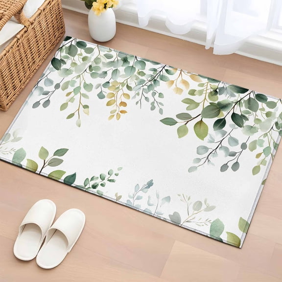 2x3 Ft Entryway Area Rug, Eucalyptus Leaf Kitchen Rug Runner Washable Floor Mat, Sage Green Botanical Floral Spring Non Slip Indoor Door Mat Throw Carpet for Bathroom Living Room Bedroom