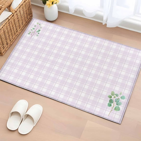 2x3 Ft Entryway Area Rug, Eucalyptus Leaves Kitchen Rug Runner Washable Floor Mat, Pink Plaid Summer Botanical Non Slip Indoor Door Mat Throw Carpet for Bathroom Living Room Bedroom