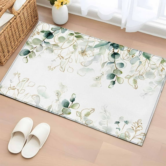 2x3 Ft Entryway Area Rug, Eucalyptus Leaves Kitchen Rug Runner Washable Floor Mat, Watercolor Sage Green Golden Floral Non Slip Indoor Door Mat Throw Carpet for Bathroom Living Room Bedroom