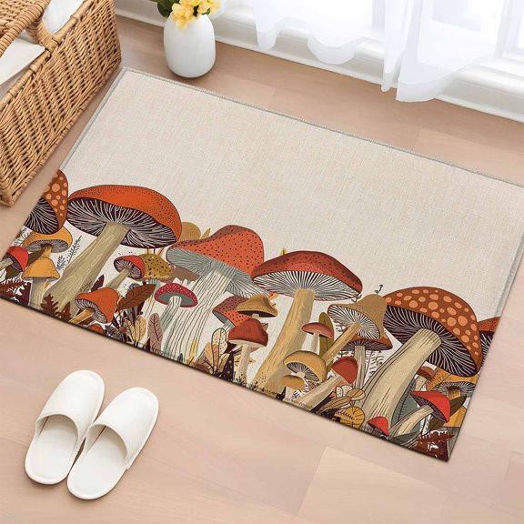 2x3 Ft Entryway Area Rug, Fall Mushroom Kitchen Rug Runner Washable Floor Mat, Thanksgiving Botanical Farmhouse Burlap Non Slip Indoor Door Mat Throw Carpet for Bathroom Living Room Bedroom