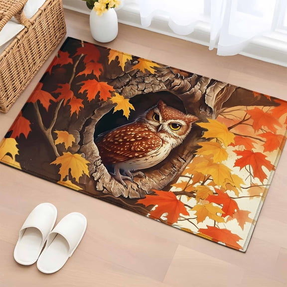 2x3 Ft Entryway Area Rug, Fall Owl Kitchen Rug Runner Washable Floor Mat, Thanksgiving Orange Yellow Maple Leaf Botanical Non Slip Indoor Door Mat Throw Carpet for Bathroom Living Room Bedroom