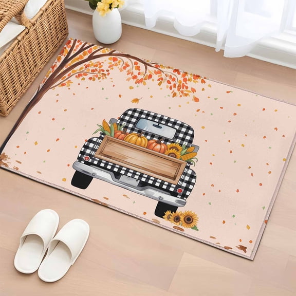 2x3 Ft Entryway Area Rug, Fall Truck Kitchen Rug Runner Washable Floor Mat, Thanksgiving Tree Maple Leaf Pumpkins Sunflower Non Slip Indoor Door Mat Throw Carpet for Bathroom Living Room Bedroom