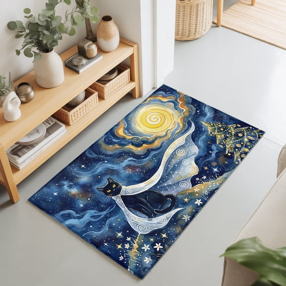 2x3 Ft Entryway Area Rug, Fantasy Starry Sky Kitchen Rug Runner Washable Floor Mat, Cute Black Cat Moonlight Xmas Trees Bohemia Non Slip Indoor Door Mat Throw Carpet for Bathroom Living Room Bedroom