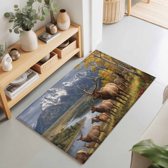 2x3 Ft Entryway Area Rug, Farm Elk Kitchen Rug Runner Washable Floor Mat, Farmhouse Mountain Forest Golden Yellow River Non Slip Indoor Door Mat Throw Carpet for Bathroom Living Room Bedroom