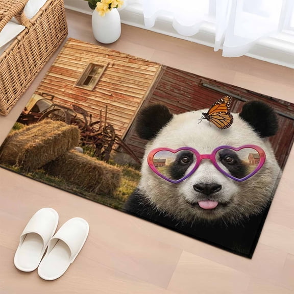 2x3 Ft Entryway Area Rug, Farm Panda Kitchen Rug Runner Washable Floor Mat, Farmhouse Barn Funny Animals Butterfly Non Slip Indoor Door Mat Throw Carpet for Bathroom Living Room Bedroom