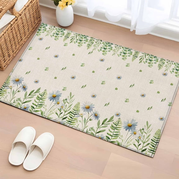 2x3 Ft Entryway Area Rug, Farmhouse Botancial Kitchen Rug Runner Washable Floor Mat, Pastoral Daisy Leaves Rustic Burlap Non Slip Indoor Door Mat Throw Carpet for Bathroom Living Room Bedroom