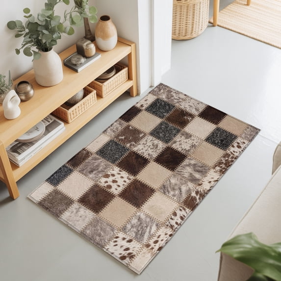 2x3 Ft Entryway Area Rug, Farmhouse Cow Print Kitchen Rug Runner Washable Floor Mat, Country Patchwork Cowhide Fur Plaid Non Slip Indoor Door Mat Throw Carpet for Bathroom Living Room Bedroom