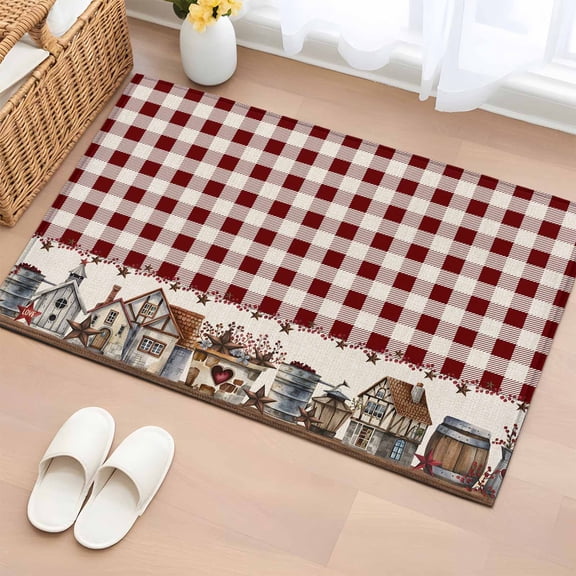 2x3 Ft Entryway Area Rug, Farmhouse Kitchen Rug Runner Washable Floor Mat, American Country Star Barn Red Brown Plaid Berry Non Slip Indoor Door Mat Throw Carpet for Bathroom Living Room Bedroom