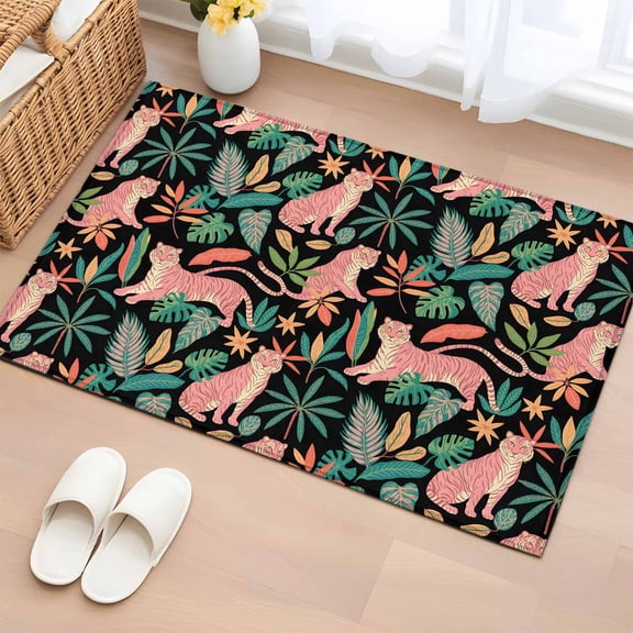 2x3 Ft Entryway Area Rug, Farmhouse Tiger Kitchen Rug Runner Washable Floor Mat, Summer Watercolor Animals Palm Trees Non Slip Indoor Door Mat Throw Carpet for Bathroom Living Room Bedroom