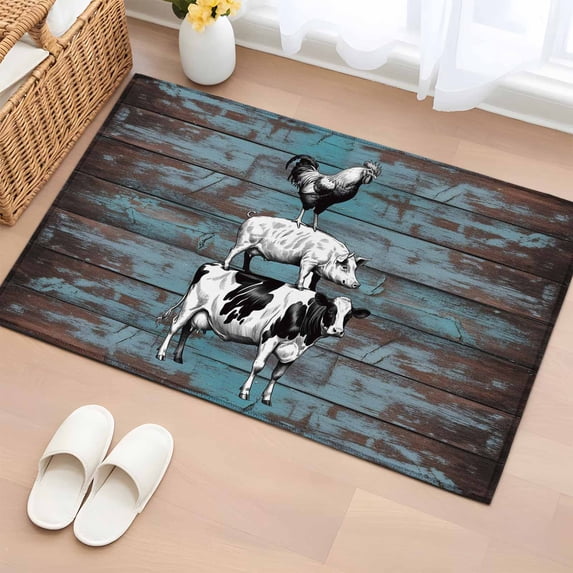 2x3 Ft Entryway Area Rug, Farmhouse Wooden Grain Kitchen Rug Runner Washable Floor Mat, Vintage Shabby Cow Pig Chicken Non Slip Indoor Door Mat Throw Carpet for Bathroom Living Room Bedroom
